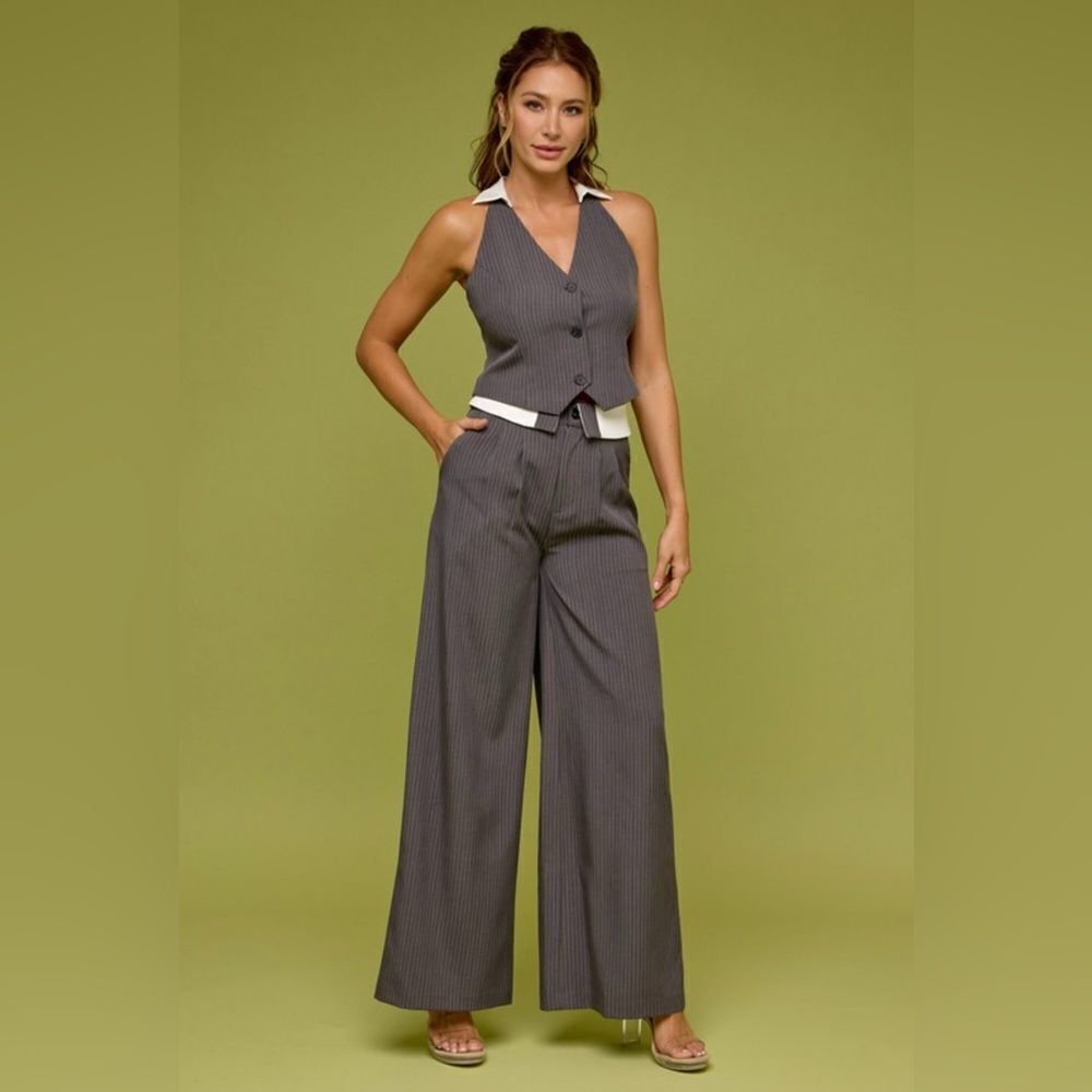 Pin Stripe Vest and Pant Suit Set- Charcoal